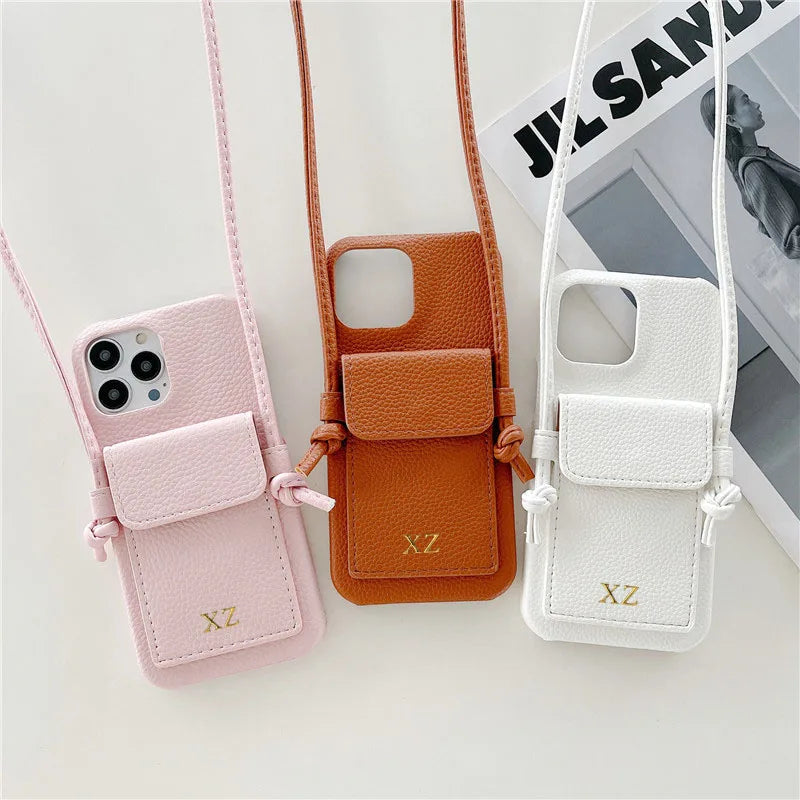 Color: Beige, Material: Nylon - Personalized Gold Silver Letters Leather Pu Card Holder Lanyard Hard Case For Iphone 14 13 12 11 15 Pro Max Xs Xr 16 Plus Cover