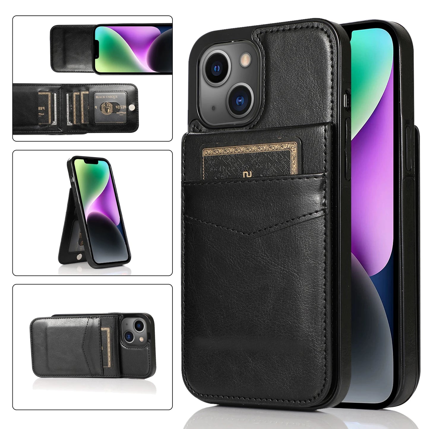 Color: Beige, Material: Silicon - Faux Leather Wallet Kickstand Phone Case For Iphone 13 12 Mini 16e 16 15 14 11 Pro Max X Xr Xs 7 8 Plus Case With Credit Card