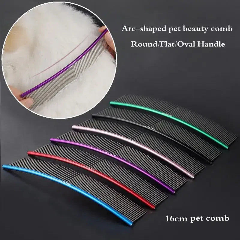Color: Purple, Size: Xs - Pet Curved Comb Stainless Steel Combs Professional Pet Grooming Comb Dense Sparse Teeth Dog Cat Cleaning Brush Open Knot Comb