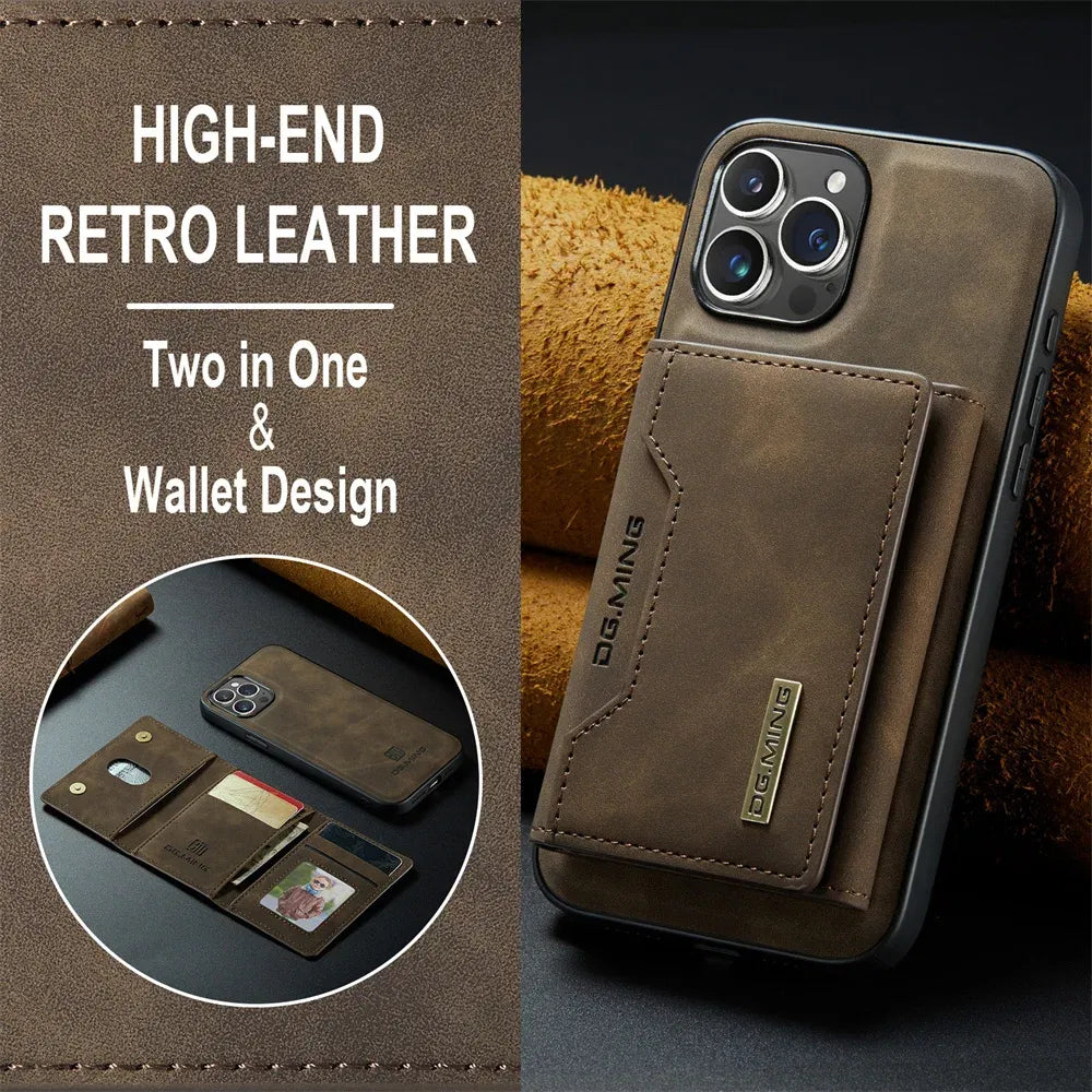 Color: Beige, Material: Aluminum - 2 In 1 Case For Iphone 16 15 14 13 12 11 Pro Max Plus Xs Max Xr 8 Plus Se 2022 Wallet Magnetic Leather Card Holder Pocket Cover