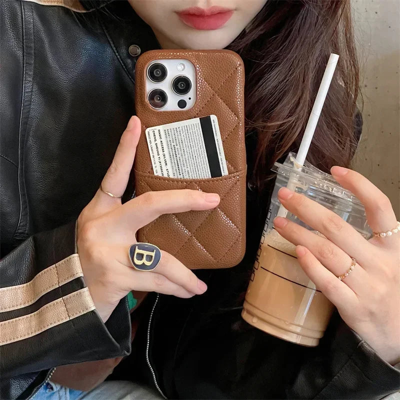 Color: Beige, Material: Microfiber - Luxury Lattice Pattern Leather Cover For Iphone 16 15 14 13 Pro Max Credit Card Slot Holder Purse Wallet Shockproof Phone Case