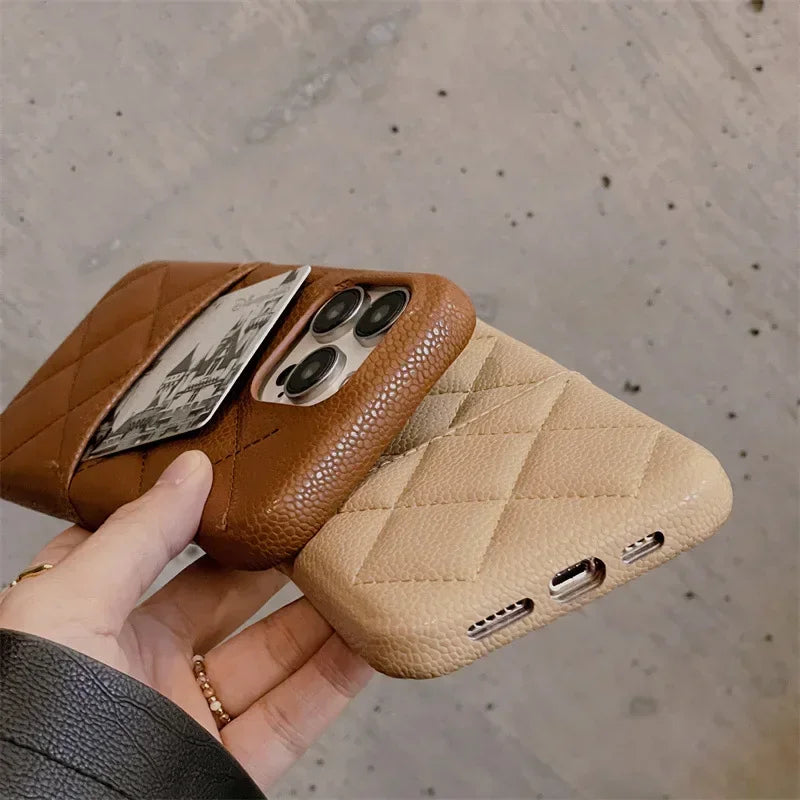 Color: Beige, Material: Microfiber - Luxury Lattice Pattern Leather Cover For Iphone 16 15 14 13 Pro Max Credit Card Slot Holder Purse Wallet Shockproof Phone Case