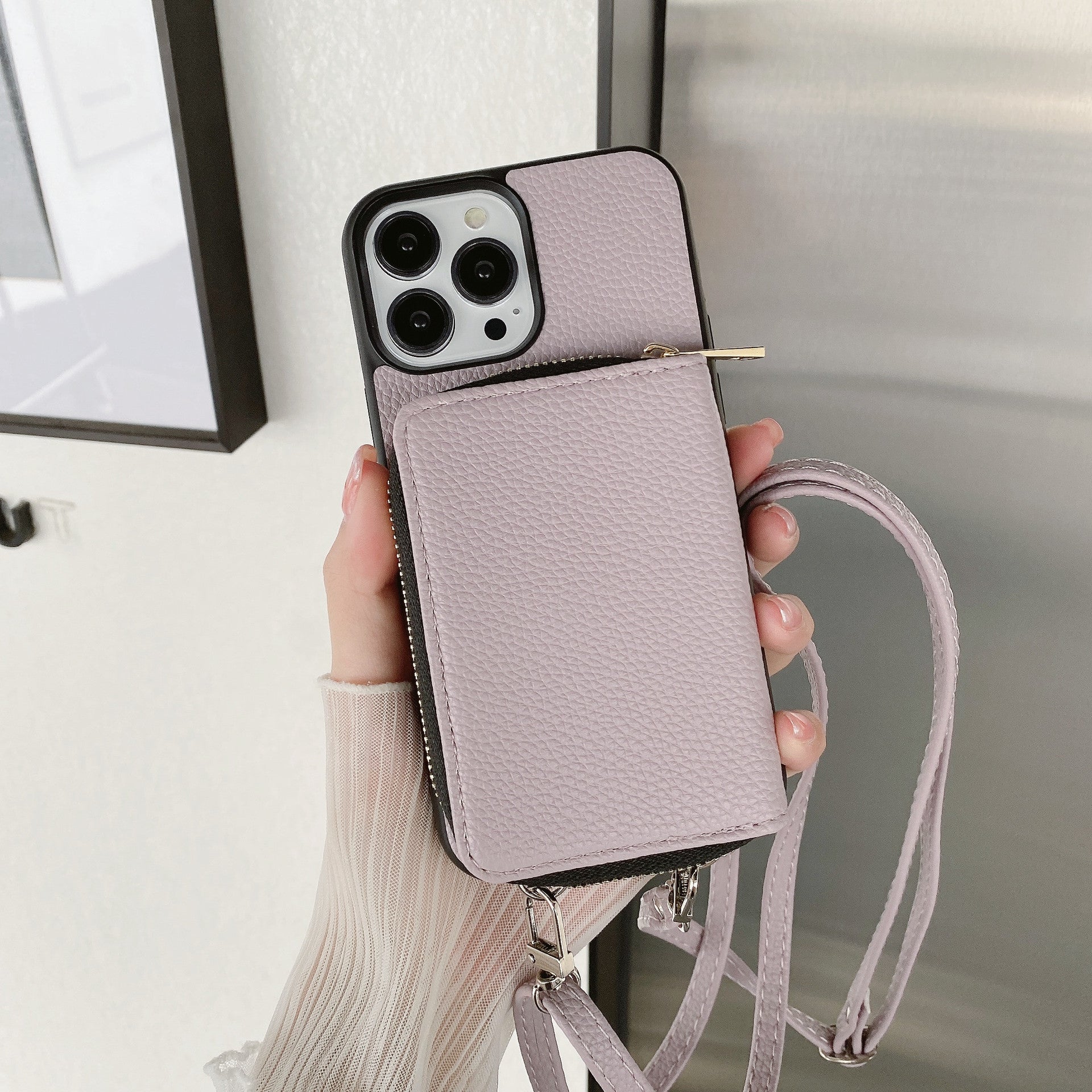 Material: Nylon, Color: Gray - Zipper Wallet Phone Case For Iphone 16 15 14 13 12 Mini 11 Pro Xs Max X Plus Card Slot Holder Crossbody Lanyard Leather Cover