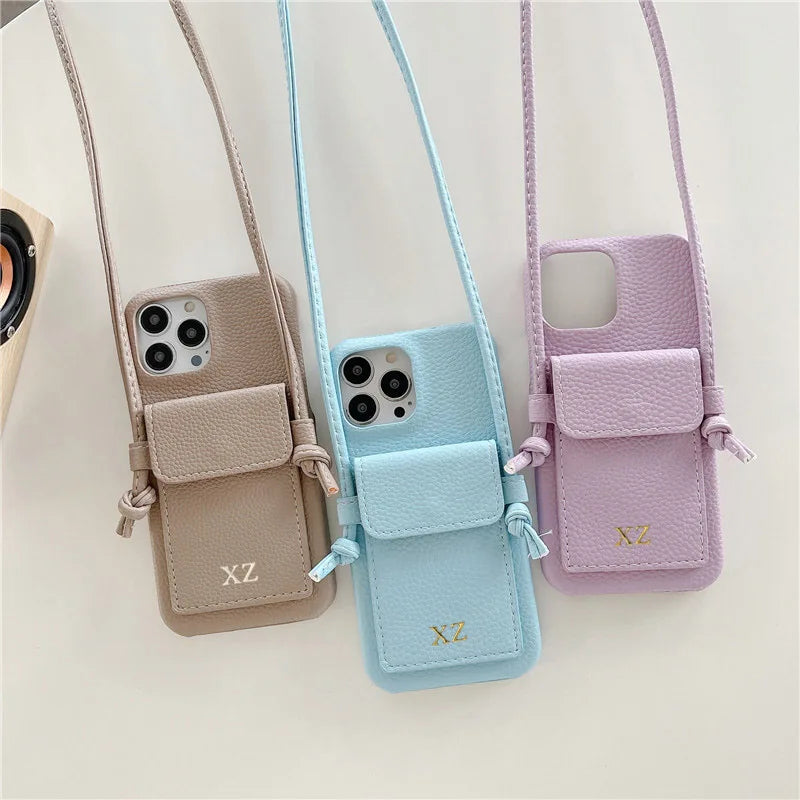 Color: Beige, Material: Nylon - Personalized Gold Silver Letters Leather Pu Card Holder Lanyard Hard Case For Iphone 14 13 12 11 15 Pro Max Xs Xr 16 Plus Cover