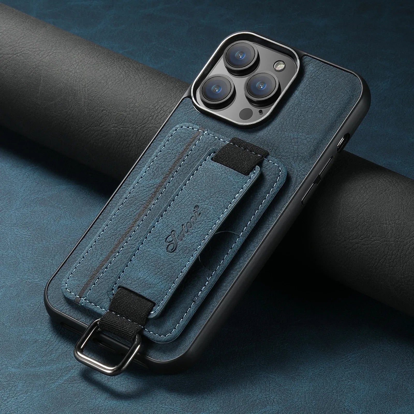 Color: Blue, Material: Carbon Fiber - Suteni Lychee Skin Print Wrist Strap Card Phone Case Card Holder For Iphone 16 Promax 15 Plus 14 13 12 11 Xr Xs Black/blue/brown
