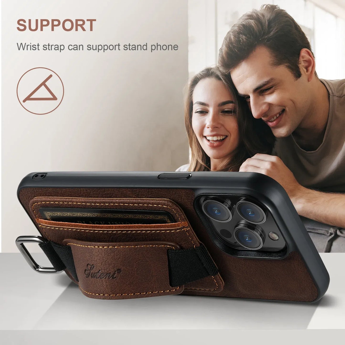 Color: Blue, Material: Carbon Fiber - Suteni Lychee Skin Print Wrist Strap Card Phone Case Card Holder For Iphone 16 Promax 15 Plus 14 13 12 11 Xr Xs Black/blue/brown