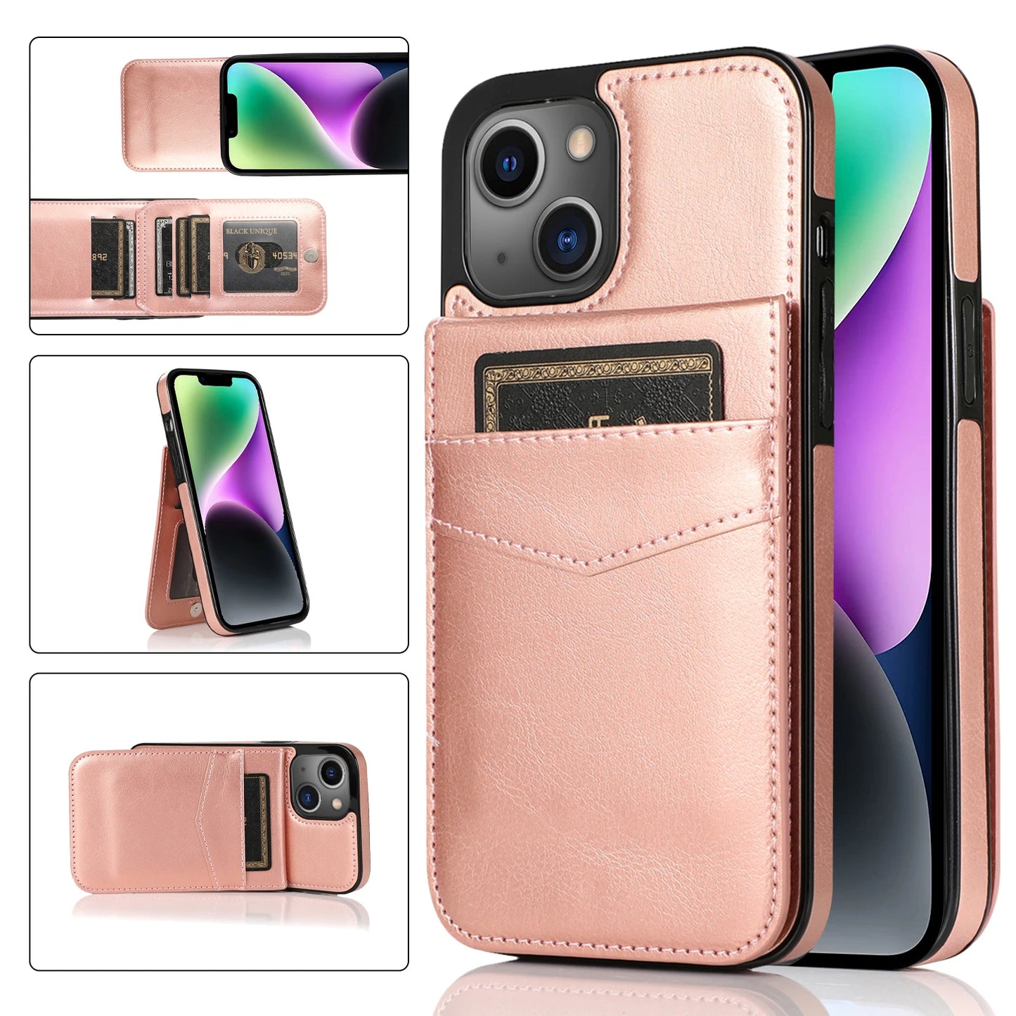 Color: Beige, Material: Silicon - Faux Leather Wallet Kickstand Phone Case For Iphone 13 12 Mini 16e 16 15 14 11 Pro Max X Xr Xs 7 8 Plus Case With Credit Card
