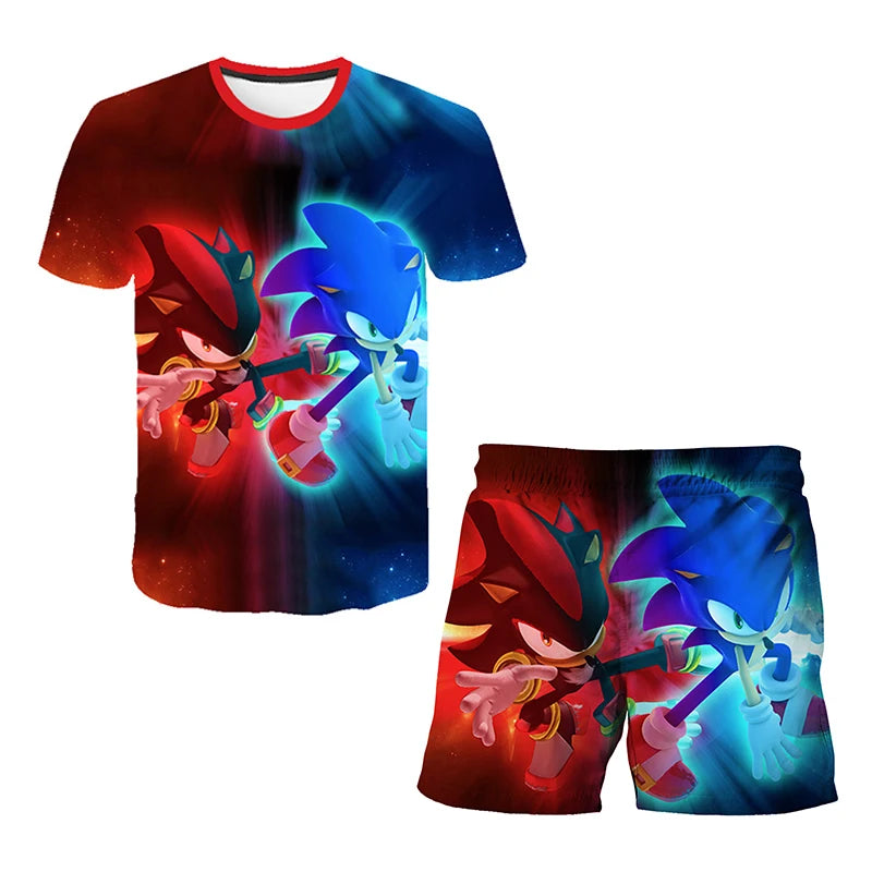 Color: Pink, Size: M - New Japanese Cartoon Sonic T-shirt Children's Top T-shirt Shorts Two-piece Set Summer Boy Cartoon Cute T-shirt+beach Pants
