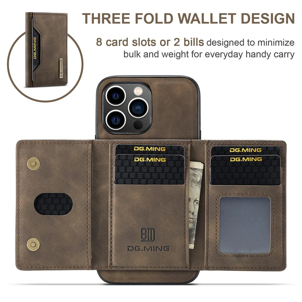 Color: Beige, Material: Aluminum - 2 In 1 Case For Iphone 16 15 14 13 12 11 Pro Max Plus Xs Max Xr 8 Plus Se 2022 Wallet Magnetic Leather Card Holder Pocket Cover