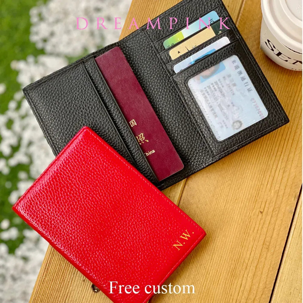 Color: Pink - 100% Cowhide Passport Holder Factory Genuine Leather Engrave Letters Men Women Passport Cover Customized Name Travel Card Wallet