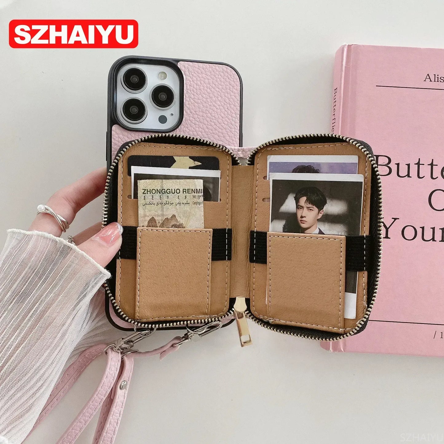 Material: Nylon, Color: Gray - Zipper Wallet Phone Case For Iphone 16 15 14 13 12 Mini 11 Pro Xs Max X Plus Card Slot Holder Crossbody Lanyard Leather Cover