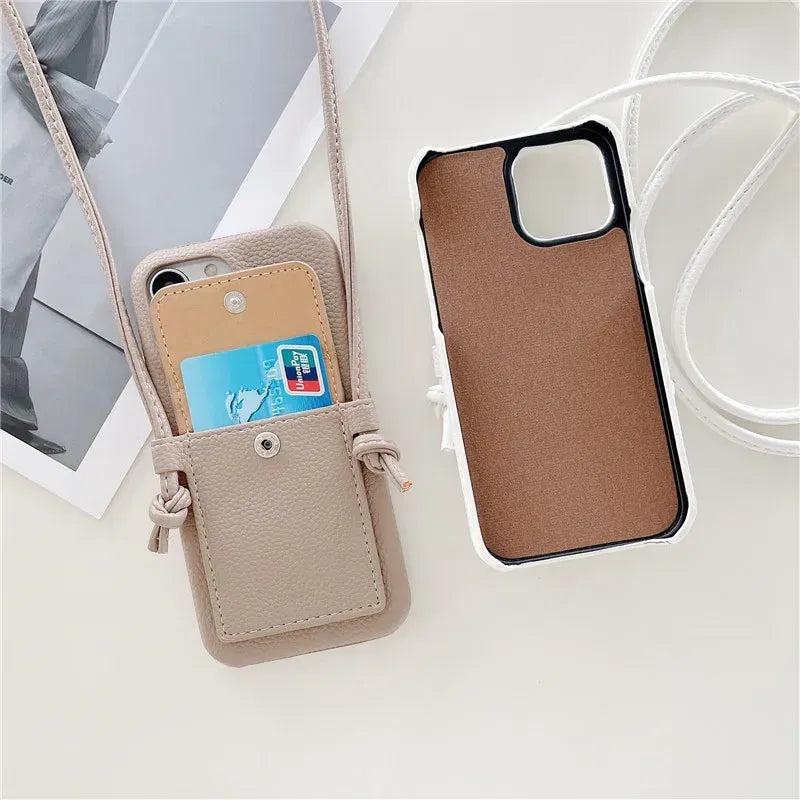 Color: Beige, Material: Nylon - Personalized Gold Silver Letters Leather Pu Card Holder Lanyard Hard Case For Iphone 14 13 12 11 15 Pro Max Xs Xr 16 Plus Cover