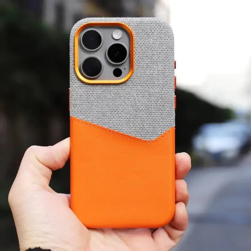 Color: Orange, Material: Silicon - Card Holder Magsafe Leather Phone Case For Iphone 15 14pro Max 13 14 Pro 12 Pocket Wireless Charging Alloy Lens Hit Color Cover