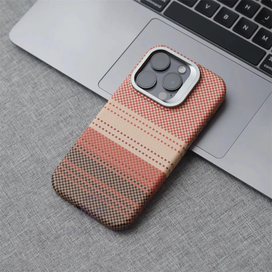 Color: Gold, Material: Polyester - Luxury Magnetic Stand Metal Lens Relief Carbon Fibre Pattern For Magsafe Case For Iphone 15 14 13 Pro Max Shockproof Back Cover