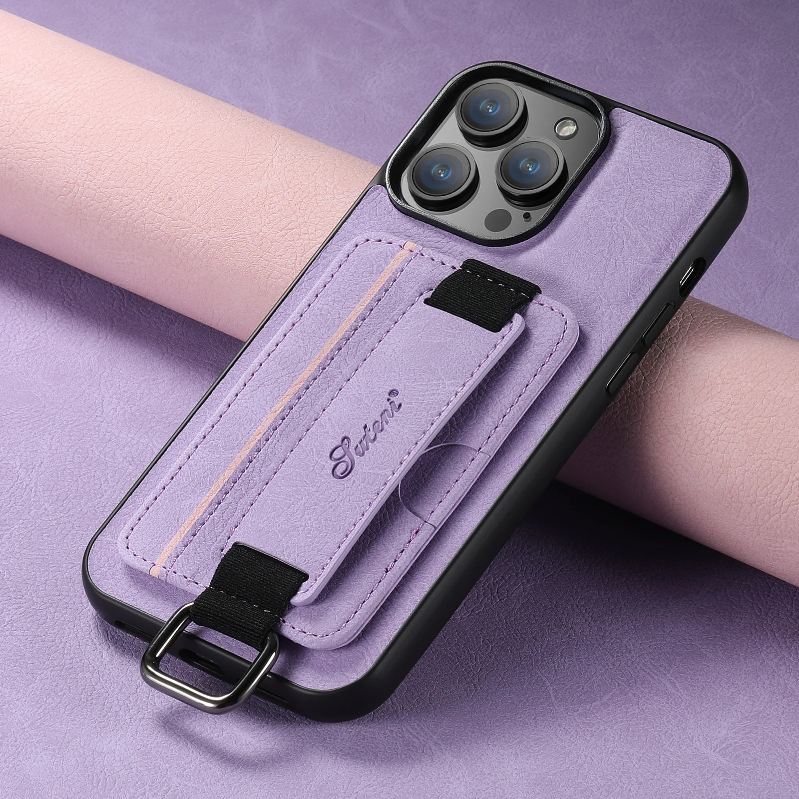 Color: Blue, Material: Carbon Fiber - Suteni Lychee Skin Print Wrist Strap Card Phone Case Card Holder For Iphone 16 Promax 15 Plus 14 13 12 11 Xr Xs Black/blue/brown
