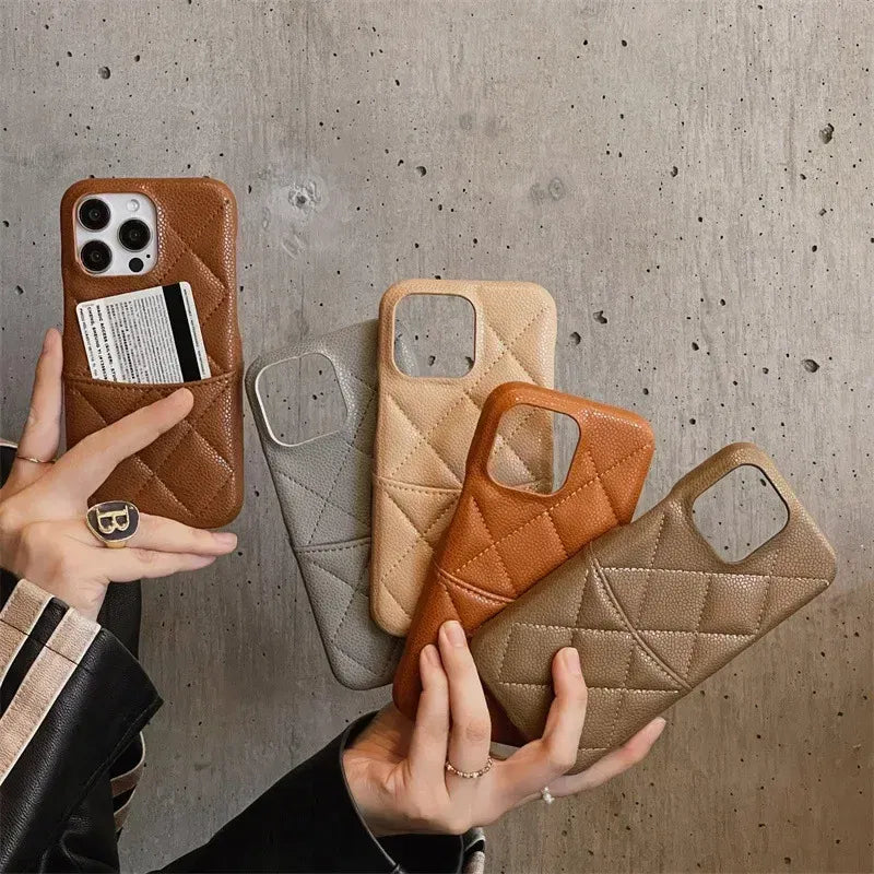 Color: Beige, Material: Microfiber - Luxury Lattice Pattern Leather Cover For Iphone 16 15 14 13 Pro Max Credit Card Slot Holder Purse Wallet Shockproof Phone Case