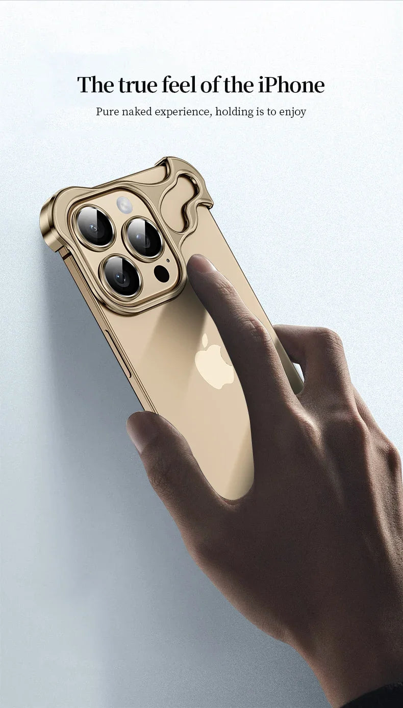 Color: Beige, Material: Pu - Aluminum Metal Rimless Phone Case For Iphone 16 15 14 Plus 13 12 Pro Max Lens Protective Film Hollow Logo Cooling Accessory Case