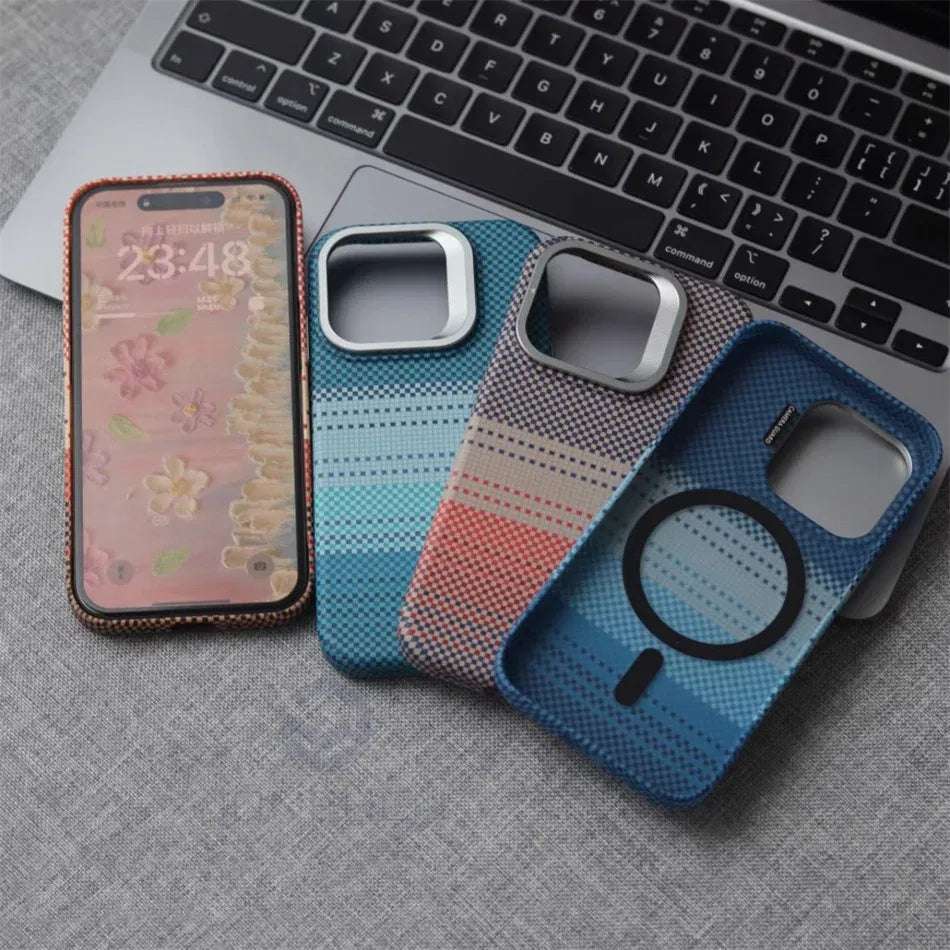 Color: Gold, Material: Polyester - Luxury Magnetic Stand Metal Lens Relief Carbon Fibre Pattern For Magsafe Case For Iphone 15 14 13 Pro Max Shockproof Back Cover