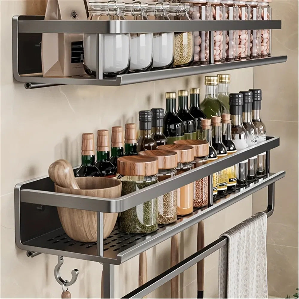 Multifunctional Kitchen And Bath Tray Wall-mounted Aluminum Storage Rack Seasoning Bottle Storage Shelf Kitchen Storage Hooks