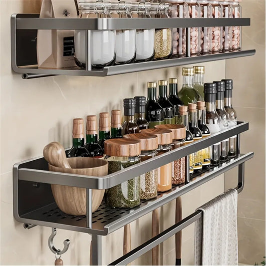Multifunctional Kitchen And Bath Tray Wall-mounted Aluminum Storage Rack Seasoning Bottle Storage Shelf Kitchen Storage Hooks
