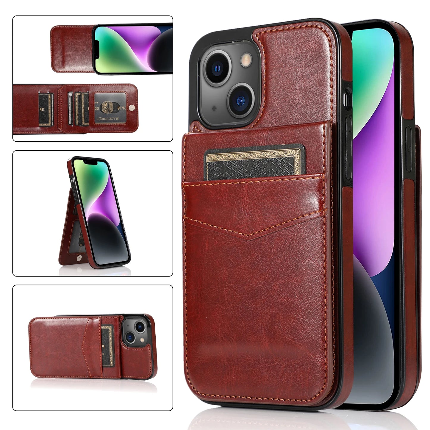 Color: Beige, Material: Silicon - Faux Leather Wallet Kickstand Phone Case For Iphone 13 12 Mini 16e 16 15 14 11 Pro Max X Xr Xs 7 8 Plus Case With Credit Card