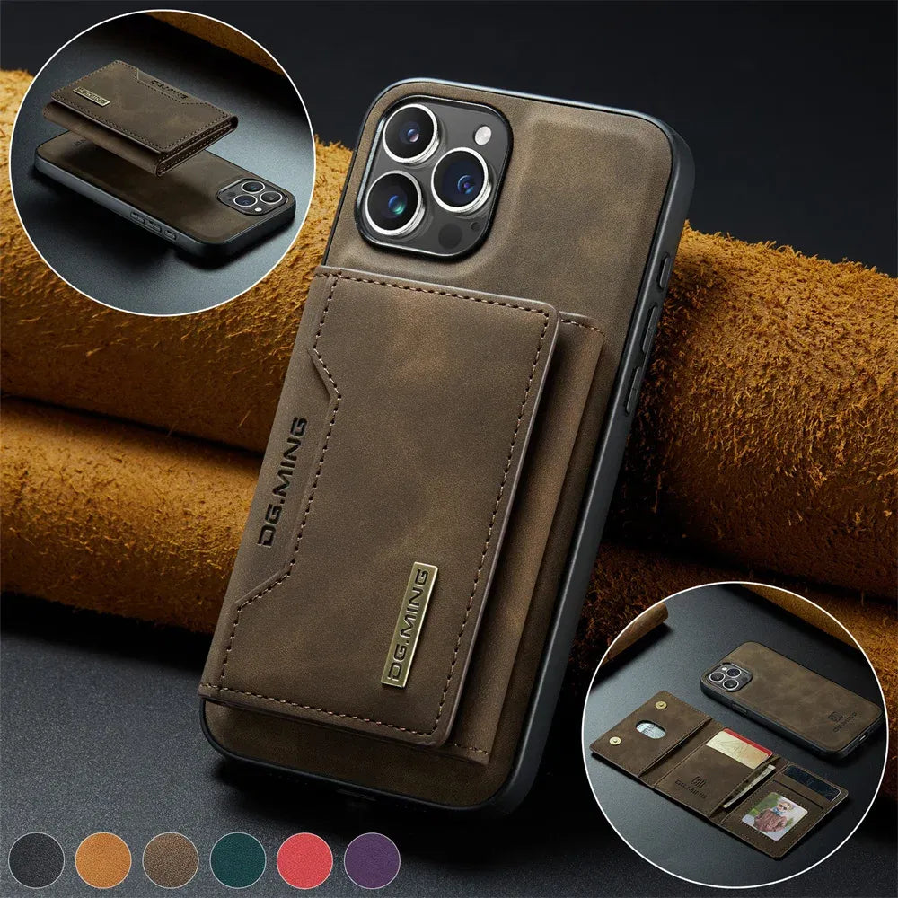 Color: Beige, Material: Aluminum - 2 In 1 Case For Iphone 16 15 14 13 12 11 Pro Max Plus Xs Max Xr 8 Plus Se 2022 Wallet Magnetic Leather Card Holder Pocket Cover
