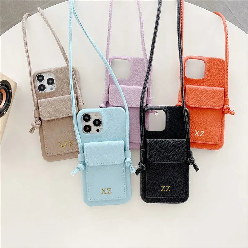 Color: Beige, Material: Nylon - Personalized Gold Silver Letters Leather Pu Card Holder Lanyard Hard Case For Iphone 14 13 12 11 15 Pro Max Xs Xr 16 Plus Cover