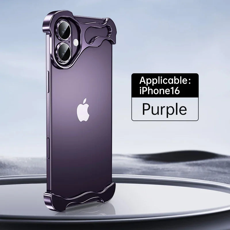 Color: Beige, Material: Pu - Aluminum Metal Rimless Phone Case For Iphone 16 15 14 Plus 13 12 Pro Max Lens Protective Film Hollow Logo Cooling Accessory Case
