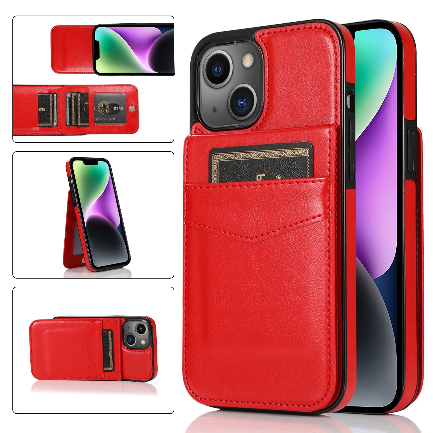 Color: Beige, Material: Silicon - Faux Leather Wallet Kickstand Phone Case For Iphone 13 12 Mini 16e 16 15 14 11 Pro Max X Xr Xs 7 8 Plus Case With Credit Card