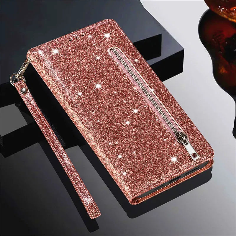 Color: Beige, Material: Cotton Fabric - Zipper Flip Wallet Glitter Leather Case For Iphone 16 15 14 13 12 11 Pro Max Xs Xr 8 7 Plus Se 2022 Mini Bling Stand Phone Cover