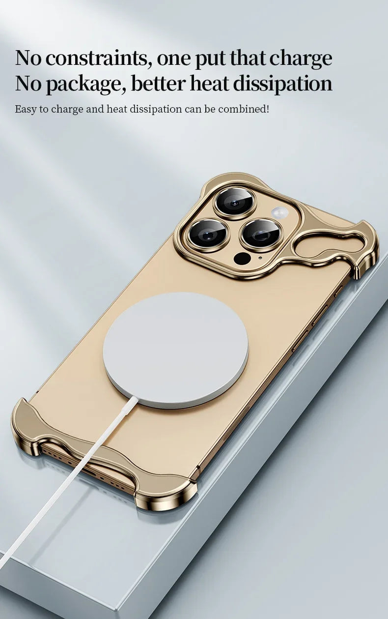 Color: Beige, Material: Pu - Aluminum Metal Rimless Phone Case For Iphone 16 15 14 Plus 13 12 Pro Max Lens Protective Film Hollow Logo Cooling Accessory Case