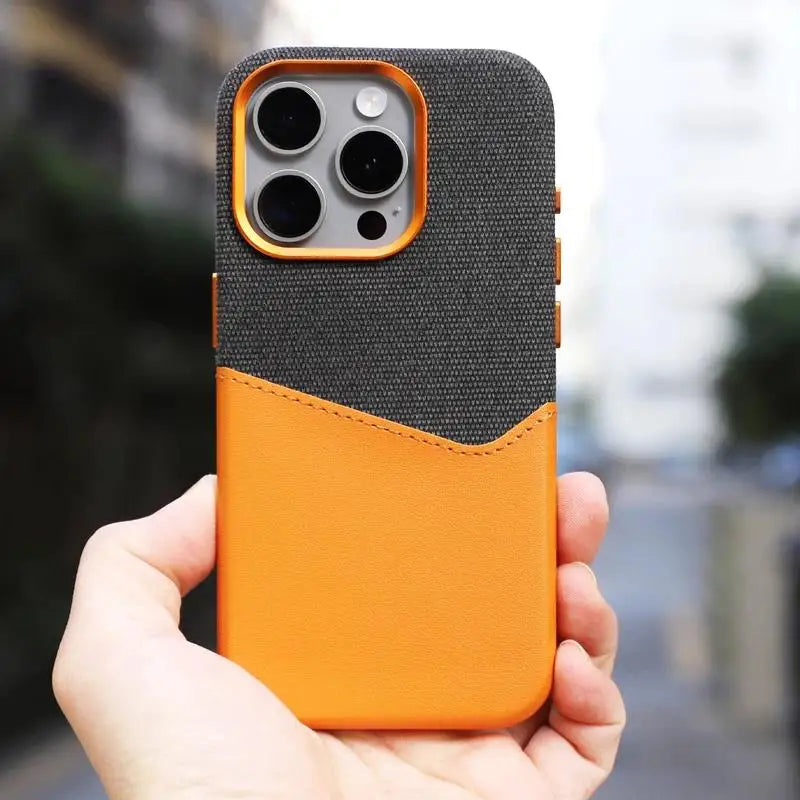Color: Orange, Material: Silicon - Card Holder Magsafe Leather Phone Case For Iphone 15 14pro Max 13 14 Pro 12 Pocket Wireless Charging Alloy Lens Hit Color Cover