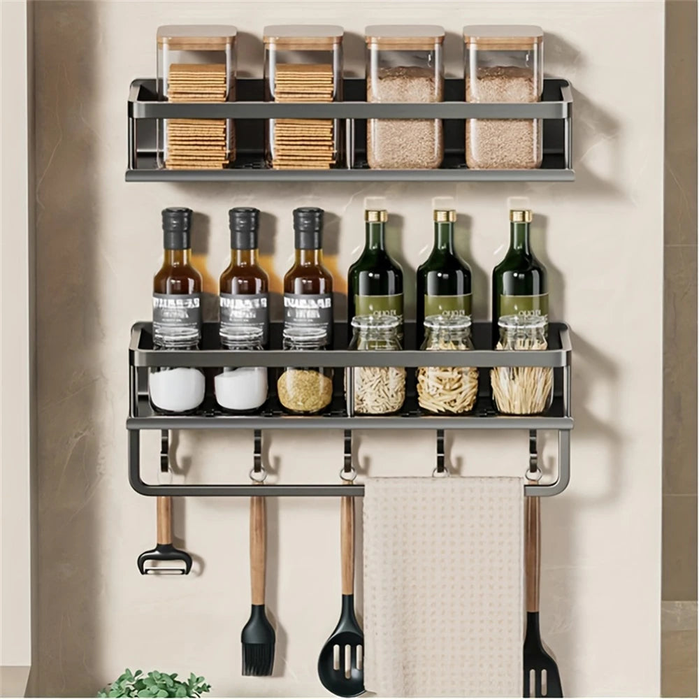 Color: Multi - Multifunctional Kitchen And Bath Tray Wall-mounted Aluminum Storage Rack Seasoning Bottle Storage Shelf Kitchen Storage Hooks