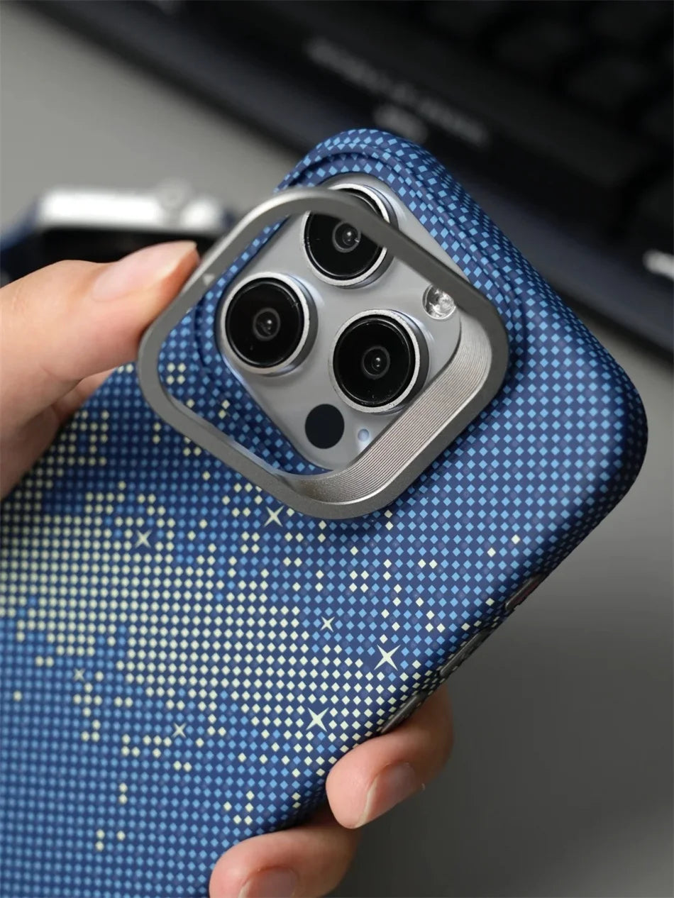 Color: Gold, Material: Polyester - Luxury Magnetic Stand Metal Lens Relief Carbon Fibre Pattern For Magsafe Case For Iphone 15 14 13 Pro Max Shockproof Back Cover