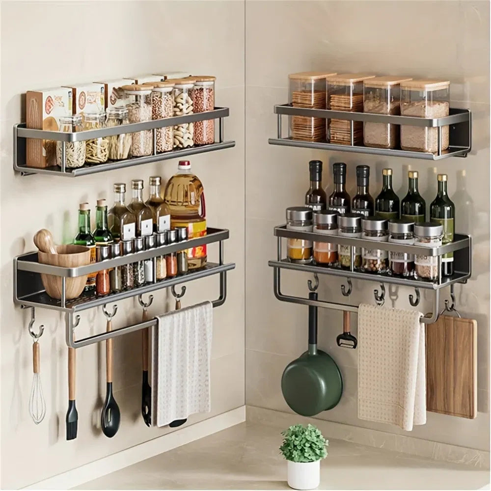 Color: Multi - Multifunctional Kitchen And Bath Tray Wall-mounted Aluminum Storage Rack Seasoning Bottle Storage Shelf Kitchen Storage Hooks