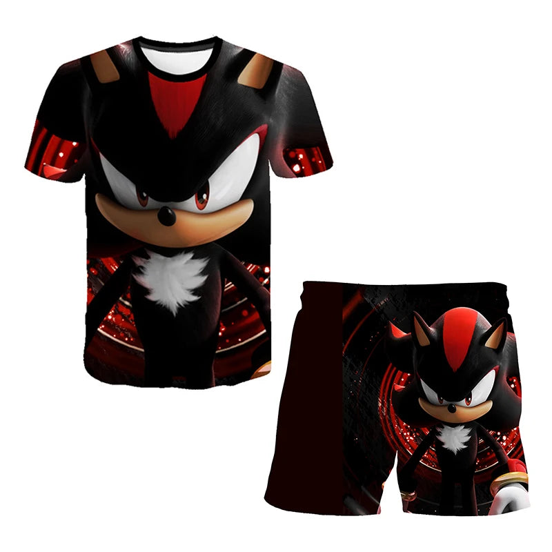 Color: Pink, Size: M - New Japanese Cartoon Sonic T-shirt Children's Top T-shirt Shorts Two-piece Set Summer Boy Cartoon Cute T-shirt+beach Pants