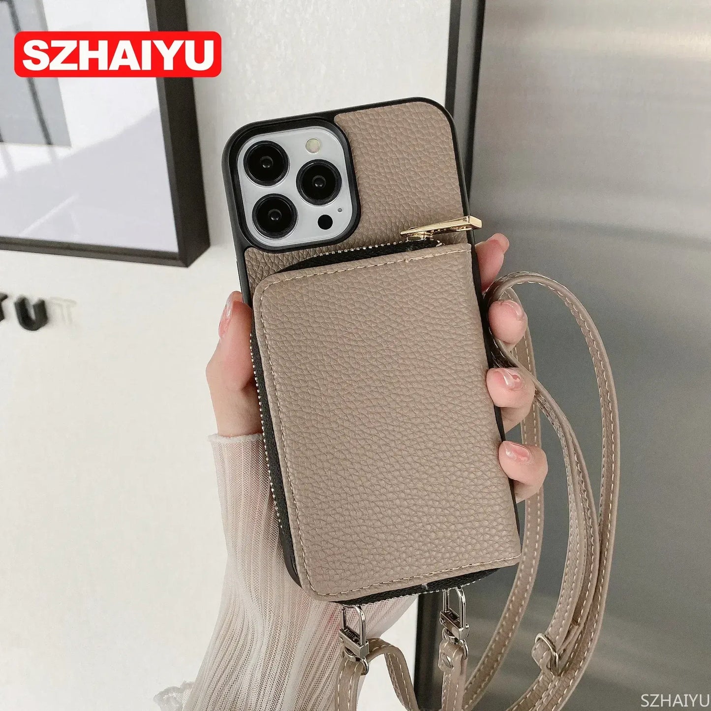 Material: Pc, Color: Army Green - Zipper Wallet Phone Case For Iphone 16 15 14 13 12 Mini 11 Pro Xs Max X Plus Card Slot Holder Crossbody Lanyard Leather Cover