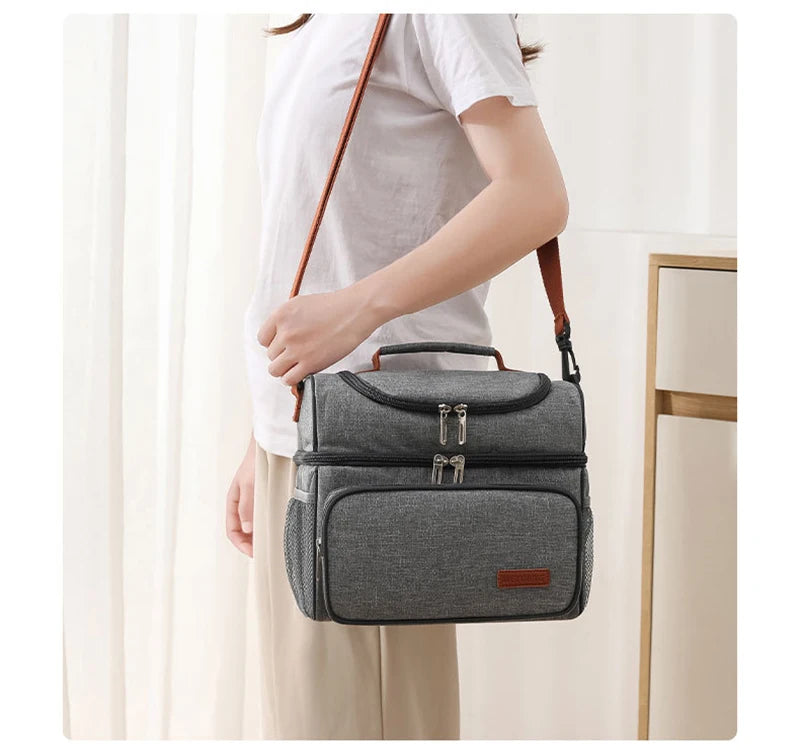 Color: Blue - Double Layer Lunchbox Storage Thermal Bag Large Capacity Tote Shoulder Food Drink Insulation Bags Outdoor Picnic Bento Lunch Bag