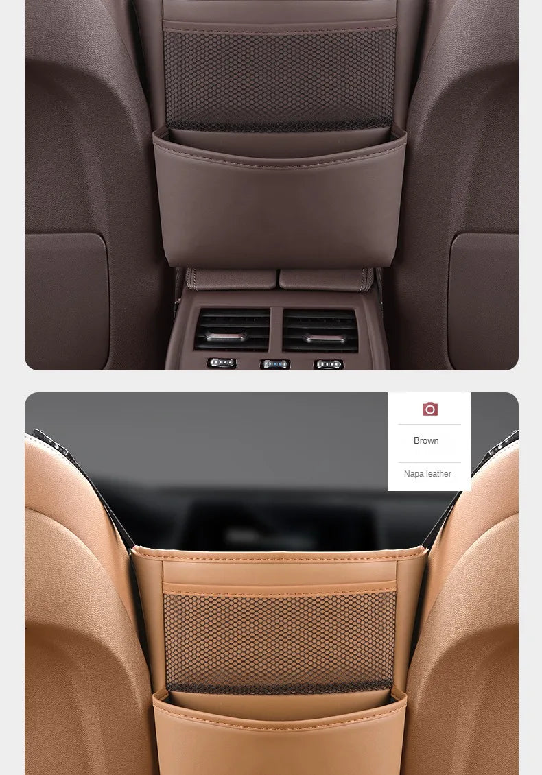 Color Name: Gold - Car Handbag Holder Between Seats Mutifuntional Leather Auto Seat Middle Storage Bag Hanging Tissue Box Phone Cup Map Organizer