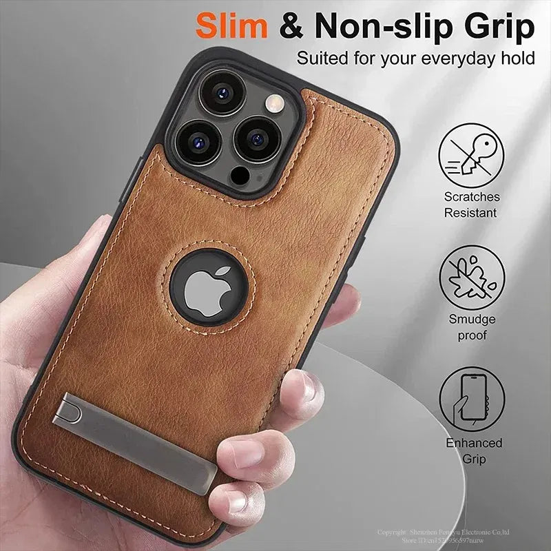 Color: Beige, Material: Neoprene - Pu Leather Kickstand Phone Cases For Iphone 15 Pro Max 14 Plus 11 13 12 Mini Mobile Case With Holder Luxury Slim Shell Cover