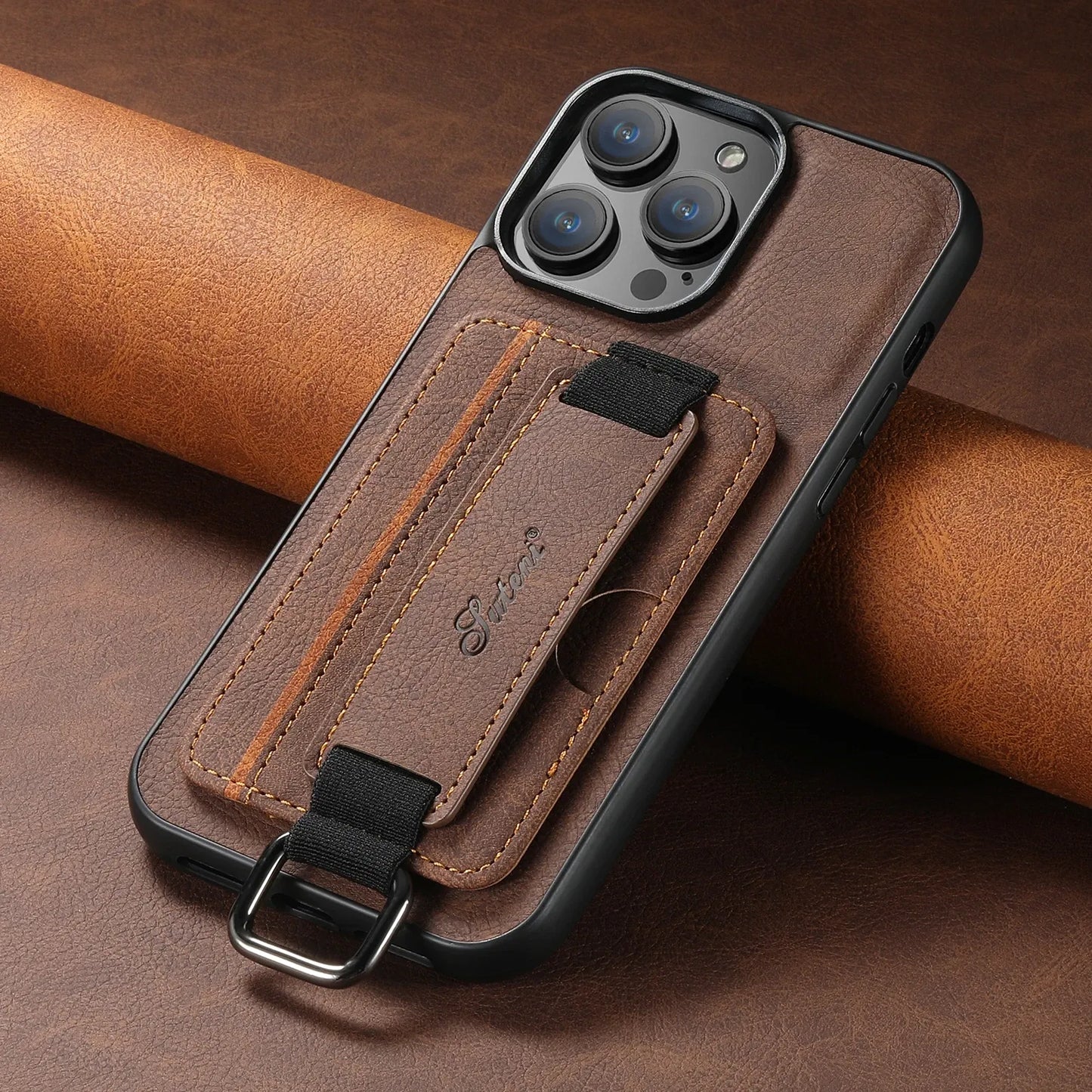 Color: Blue, Material: Carbon Fiber - Suteni Lychee Skin Print Wrist Strap Card Phone Case Card Holder For Iphone 16 Promax 15 Plus 14 13 12 11 Xr Xs Black/blue/brown