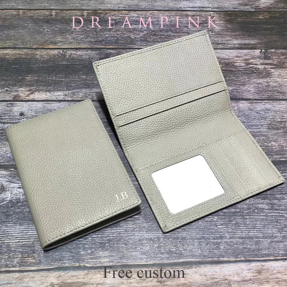 Color: Pink - 100% Cowhide Passport Holder Factory Genuine Leather Engrave Letters Men Women Passport Cover Customized Name Travel Card Wallet