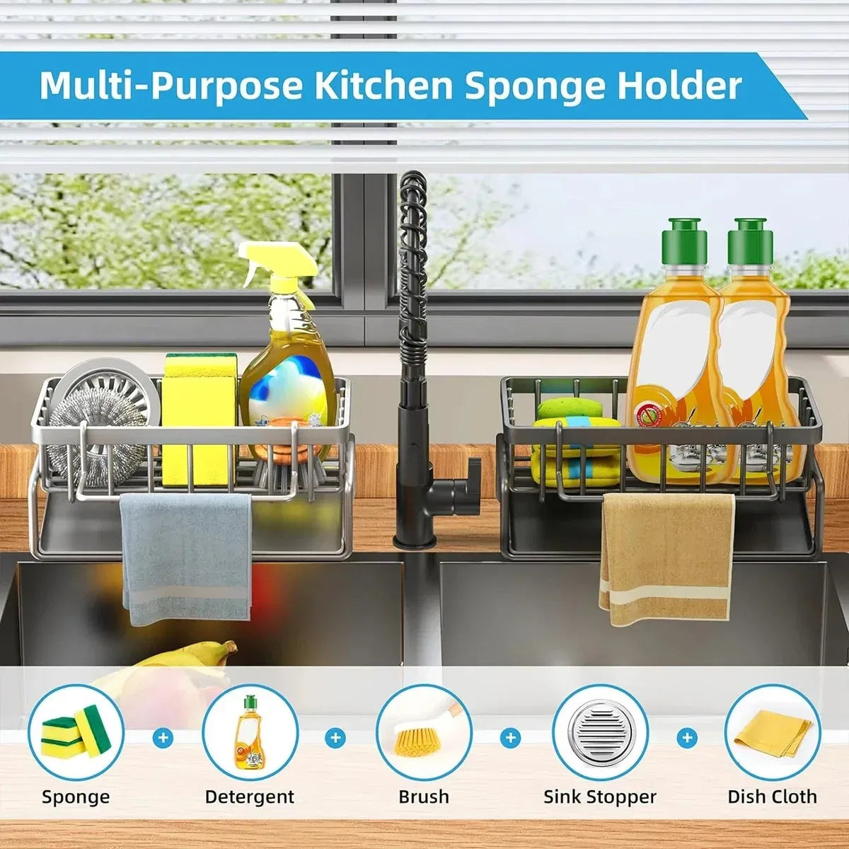 Color: Plum - Kitchen Sink Drain Rack Organizer Sponge Storage Faucet Holder Soap Drainer Dishcloth Towel Rack Kitchen Sink Organizer