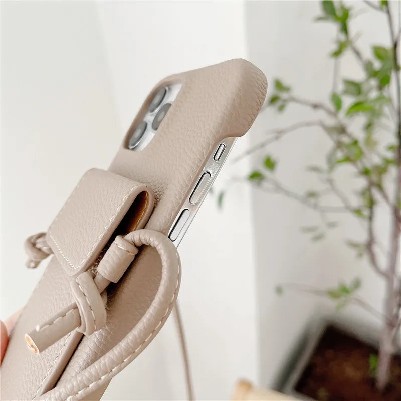 Color: Beige, Material: Nylon - Personalized Gold Silver Letters Leather Pu Card Holder Lanyard Hard Case For Iphone 14 13 12 11 15 Pro Max Xs Xr 16 Plus Cover