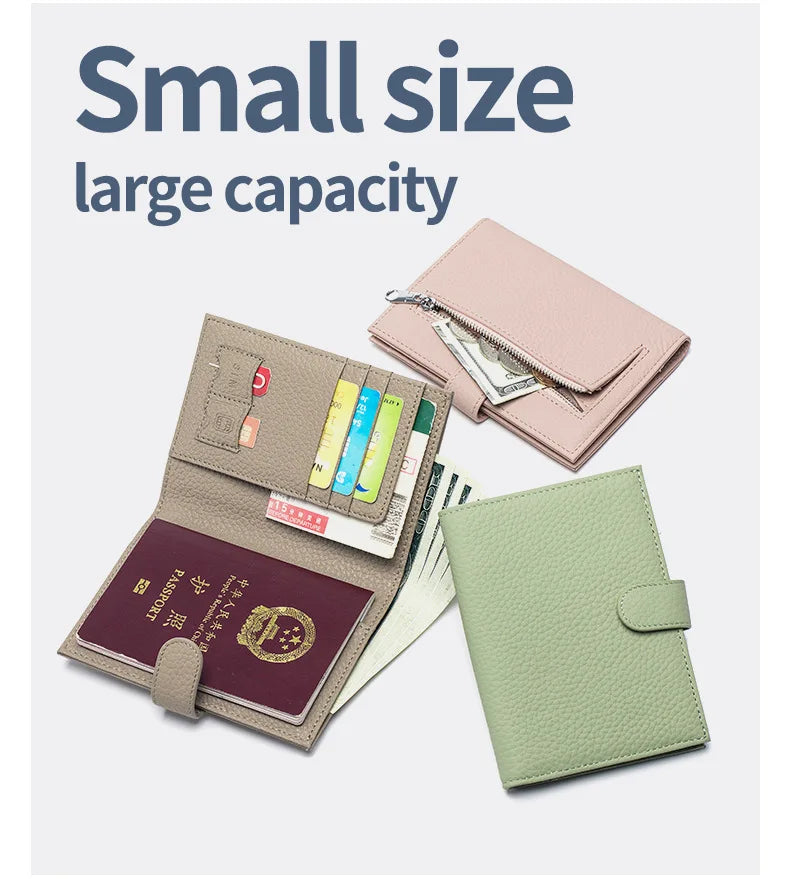 Color: Green - Genuine Cow Leather Passport Holder Travel Wallet With Zipper Pocket Card Holder Rfid Blocking Bifold Wallet For Men And Women