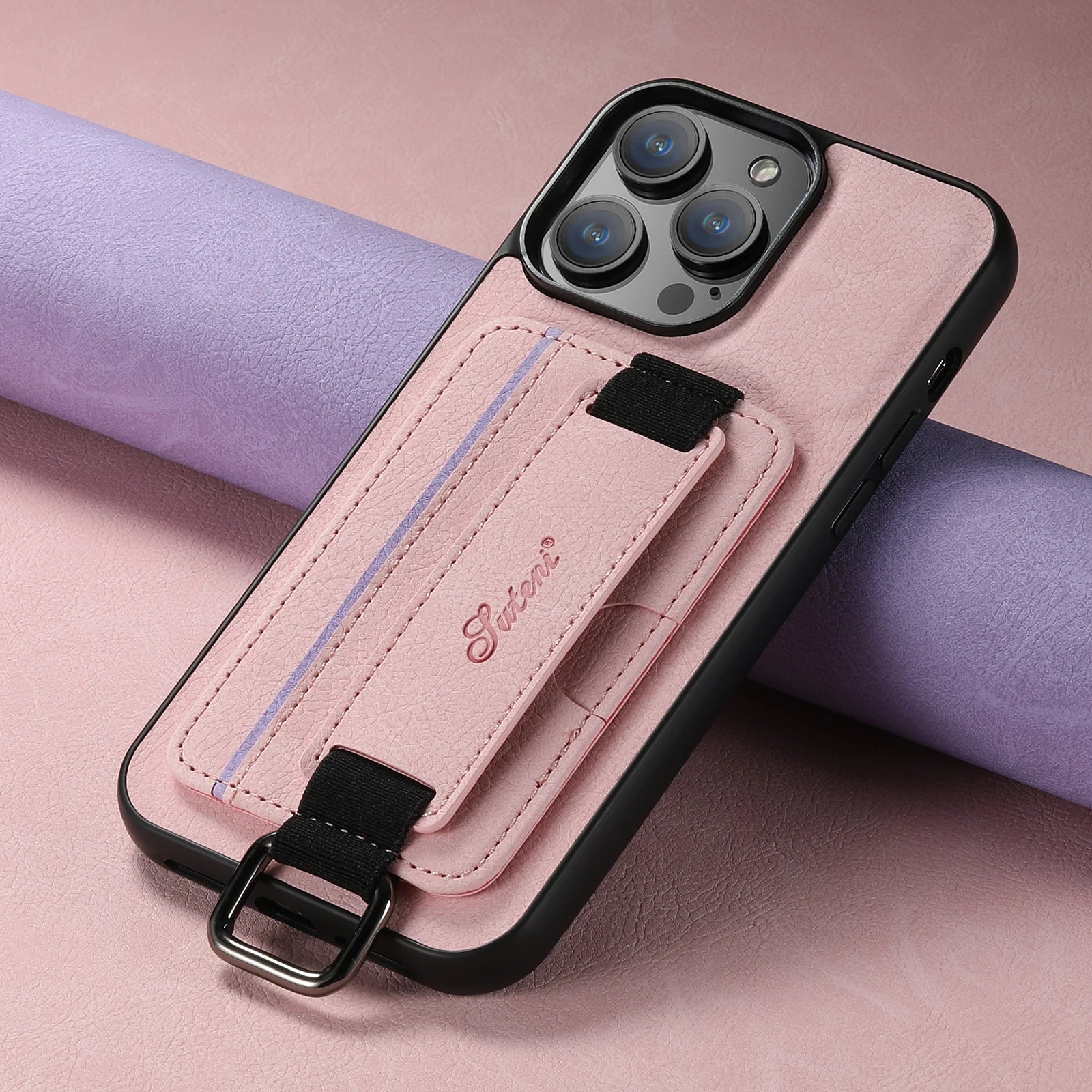 Color: Blue, Material: Carbon Fiber - Suteni Lychee Skin Print Wrist Strap Card Phone Case Card Holder For Iphone 16 Promax 15 Plus 14 13 12 11 Xr Xs Black/blue/brown