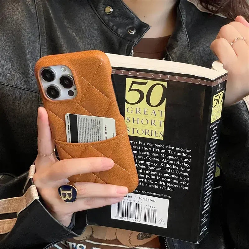 Color: Beige, Material: Microfiber - Luxury Lattice Pattern Leather Cover For Iphone 16 15 14 13 Pro Max Credit Card Slot Holder Purse Wallet Shockproof Phone Case