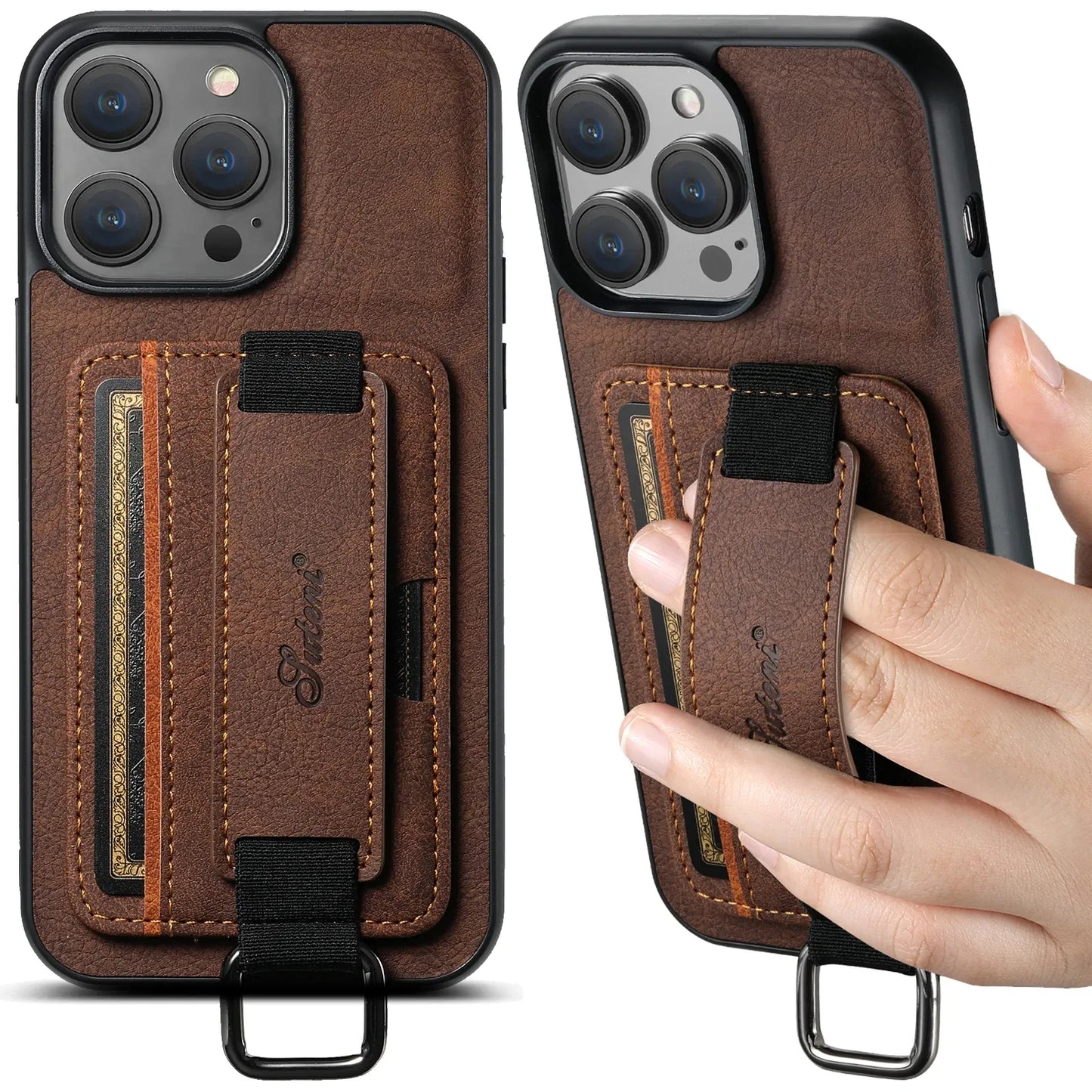 Color: Blue, Material: Carbon Fiber - Suteni Lychee Skin Print Wrist Strap Card Phone Case Card Holder For Iphone 16 Promax 15 Plus 14 13 12 11 Xr Xs Black/blue/brown