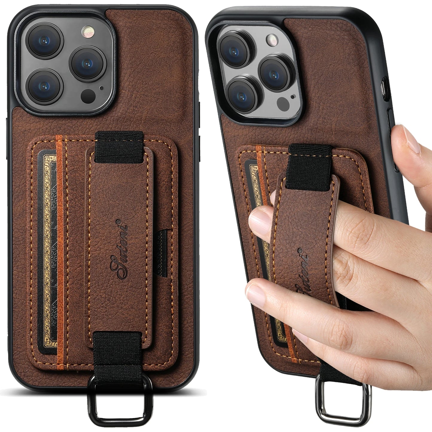 Color: Blue, Material: Carbon Fiber - Suteni Lychee Skin Print Wrist Strap Card Phone Case Card Holder For Iphone 16 Promax 15 Plus 14 13 12 11 Xr Xs Black/blue/brown