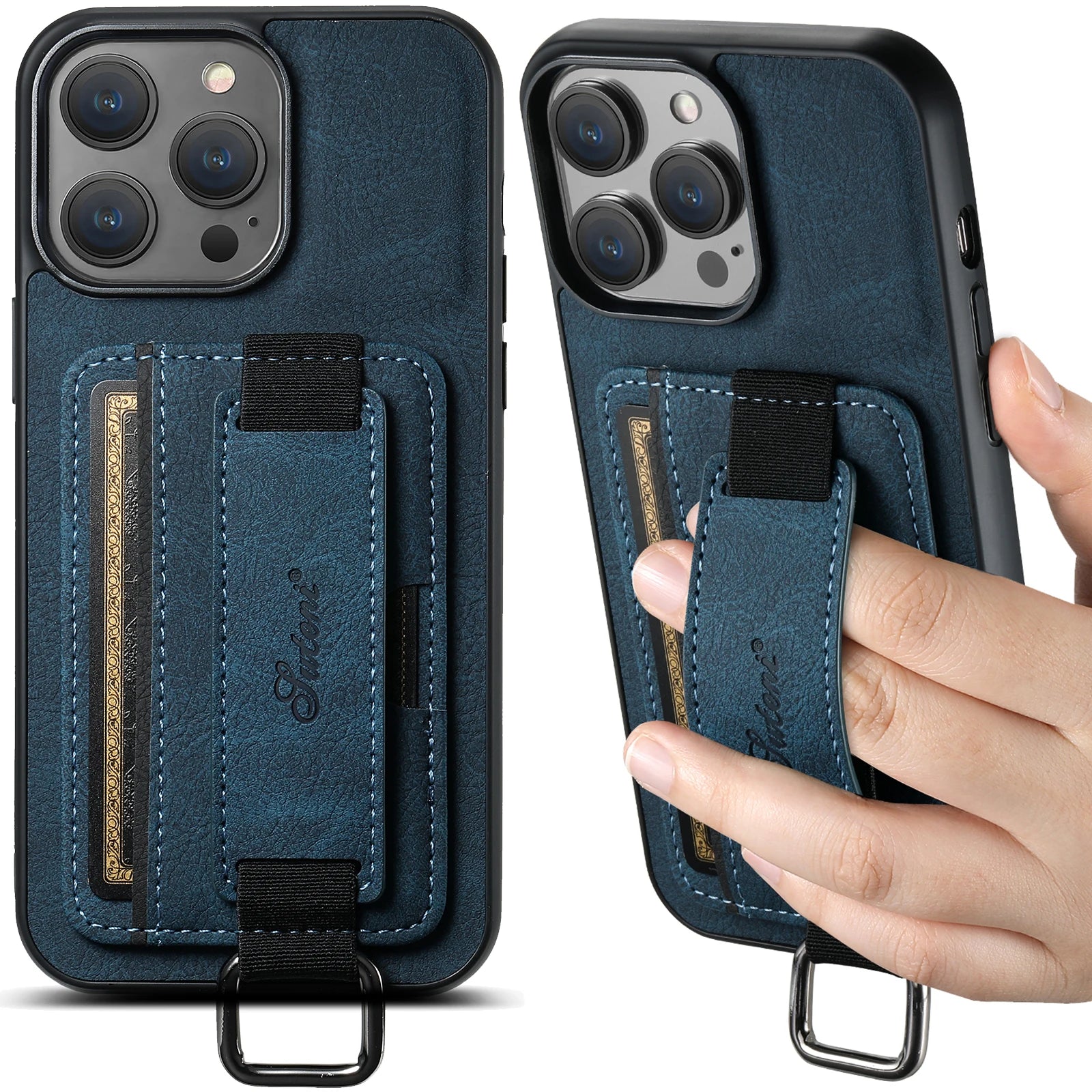 Color: Blue, Material: Carbon Fiber - Suteni Lychee Skin Print Wrist Strap Card Phone Case Card Holder For Iphone 16 Promax 15 Plus 14 13 12 11 Xr Xs Black/blue/brown